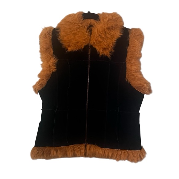 Vintage Black Leather Suede Vest Fur Trim Large - Picture 3 of 9